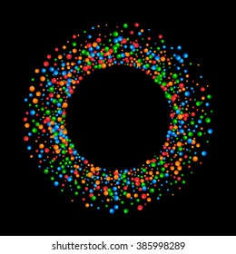 Abstract Frame colored circle balls confetti. Many falling tiny circle ball pieces. Use for creative invitation for party, holiday, wedding, birthday.