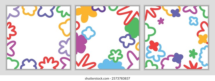 Abstract Frame with Colorful Geometric Shapes. Vector Border with Abstract Geometric Graphic. Modern Poster with Stars, Flowers and Doodle Shapes.