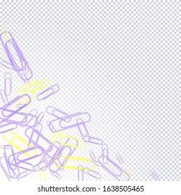 Abstract frame from colorful paper clips on a transparent background. Bright rainbow paper clips top view. Office supplies. Vector illustration