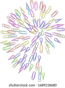 Abstract frame from colorful paper clips isolated on white background. Bright rainbow paper clips top view. Office supplies. Vector illustration