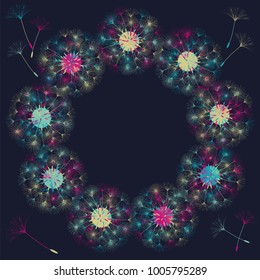 Abstract frame of a dandelion for design. The wind blows the seeds of a dandelion. Template for posters, postcards. Vector illustrations.
