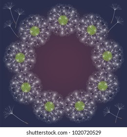 Abstract frame of a dandelion for design. The wind blows the seeds of a dandelion. Template for posters, postcards. Vector illustrations.