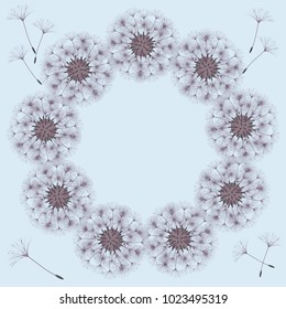 Abstract frame of a dandelion for design. The wind blows the seeds of a dandelion. Template for posters, postcards. Vector illustrations.