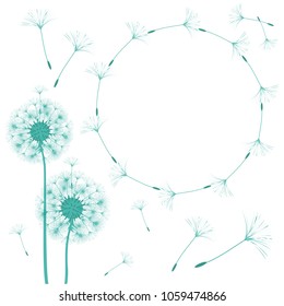 Abstract frame of a dandelion for design. The wind blows the seeds of a dandelion. Template for posters, postcards. Vector illustrations.