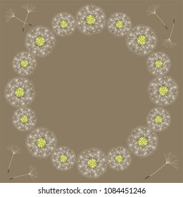 Abstract frame of a dandelion for design. The wind blows the seeds of a dandelion. Template for posters, postcards. Vector illustrations.