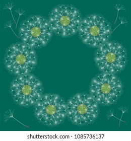 Abstract frame of a dandelion for design. The wind blows the seeds of a dandelion. Template for posters, postcards. Vector illustrations.