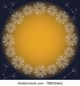 Abstract frame of a dandelion for design. The wind blows the seeds of a dandelion. Template for posters, postcards. Vector illustrations.