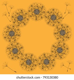 Abstract frame of a dandelion for design. The wind blows the seeds of a dandelion. Template for posters, postcards. Vector illustrations.
