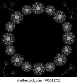 Abstract frame of a dandelion for design. The wind blows the seeds of a dandelion. Template for posters, postcards. Vector illustrations.