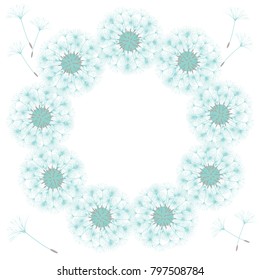 Abstract frame of a dandelion for design. The wind blows the seeds of a dandelion. Template for posters, postcards. Vector illustrations.