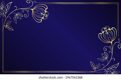 Abstract frame design. Gold floral pattern on a dark blue background.