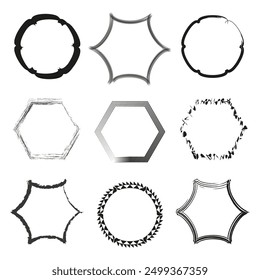 Abstract frame designs. Various shapes and styles. Black and white. Vector illustration.