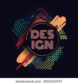 Marco abstracto. Diseño de Emblema o etiqueta. Medio punto y la pintura baja el fondo. Mareos brillantes aislados en negro. Pinceles creativos y manchas de salpicaduras. Plantilla de cartel o afiche. Ilustración del vector