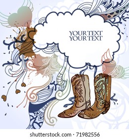 abstract frame with fantasy floral  elements and cowboy boots