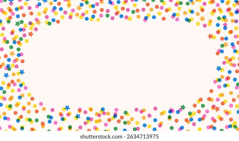 Abstract frame featuring cheerful multicolored dots and stars confetti. Frame of playful confetti elements with textured and overlay effect.