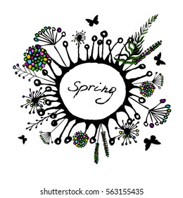 Abstract frame with flowers and butterflies. Vector