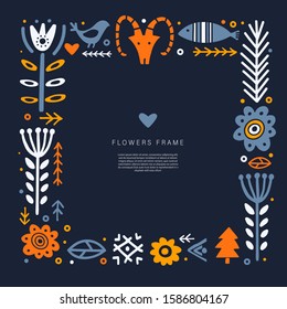 Abstract frame with flowers, leaves and deer in ethnic folk style vector template. Floral vintage border for text on dark blue background. Folk Poster.