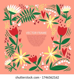 Abstract frame with flowers and leaves, vector pattern. Floral vintage borders for text on a pink background. Scandinavian style design idea 