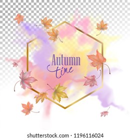 Abstract frame with flying autumn leaves and watercolor splash. Vector background with blurred transparent elements