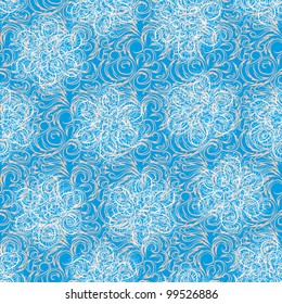 abstract frame with gentle flowers and different curls on a blue background