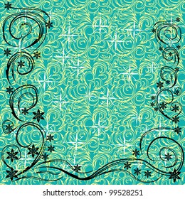 abstract frame with gentle flowers and different curls on a blue background