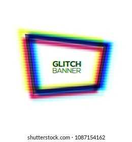 Abstract frame with glitch texture. Distorted modern background with glitch effect. Broken glitched sign. Polygon in rgb colors. Cmyk concept channel. Colorful vector illustration.