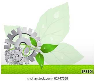 Abstract frame with green mosaic panels, metal gears and germ