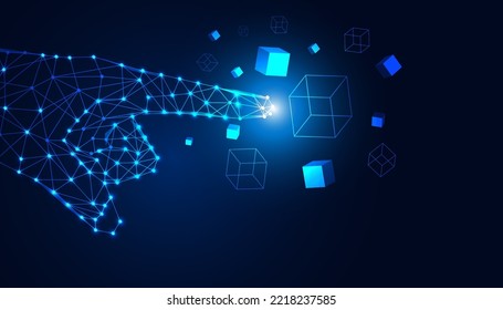 Abstract frame hand digital modern blue futuristic pointing to square box digital concept wireless communication Cryptocurrency, defi or blockchain