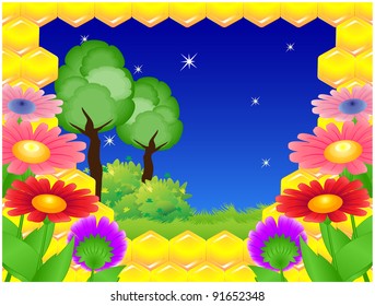 Abstract frame from honeycomb flower with two tree and night sky