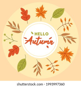 Abstract frame with leafs. Various types of leaves and maple leaves are placed in circles to form a decorative frame. The leaves change color to welcome the coming winter. Vector flat illustration