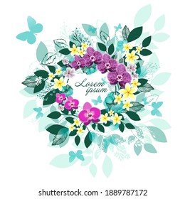Abstract frame with leaves and orchids. Vector illustration