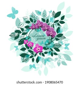 Abstract frame with leaves and orchids. Vector illustration