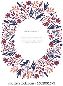 Abstract frame with leaves vector template. Floral vintage border for text on white background. Wedding invitation, spring holiday poster, article scandinavian style design idea