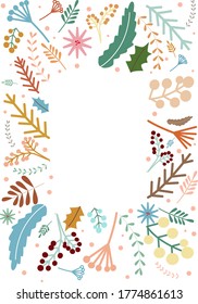 Abstract frame with leaves vector template. Floral vintage border for text on a white background. Wedding invitations, spring holiday posters, scandinavian style articles