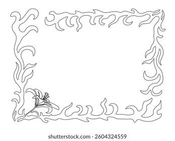 Abstract frame of lily flowers, swirls, curls, continuous single one line art hand drawing sketch logo