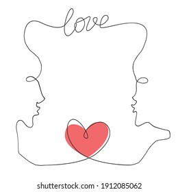 Abstract frame in line art style with lovers, red heart and inscription love. Hand drawn illustration. Vector backdrop, border, element of design for greeting cards, Valentine's day, wedding