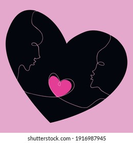 Abstract frame in line art style with lovers and pink heart. Hand drawn love symbol. Vector backdrop, border, element of design for greeting cards, Valentine's day, wedding