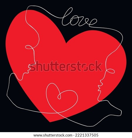 Abstract frame in line art style with lovers and red heart. Hand drawn love symbol. Vector backdrop, border, element of design for greeting cards, Valentine's day, wedding