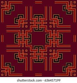 Abstract frame, lines and patterns ethnic geometric ornament on red
