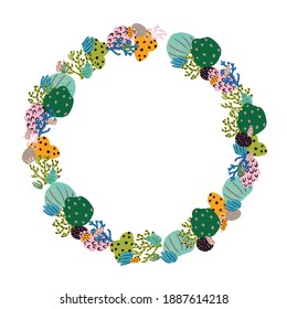 Marco abstracto de flores, corales y ramas. Ilustración de plantas marinas. Herencia floral.