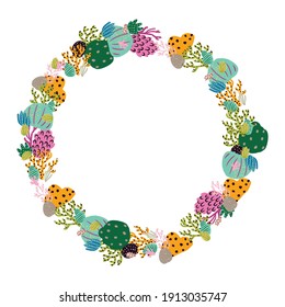 Marco abstracto de flores, corales y ramas. Ilustración de plantas marinas. Herencia floral.