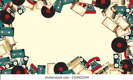 Abstract frame from old vintage retro electronics technology from TV sets, cassette tape recorders, vinyl records, computers, game consoles, phones from the 70's, 80's, 90's.