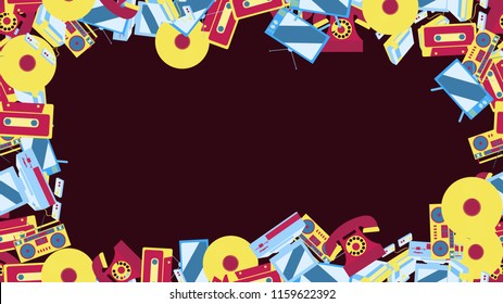 Abstract frame from old vintage retro electronics technology from TV sets, cassette tape recorders, vinyl records, computers, game consoles, phones from the 70's, 80's, 90's.