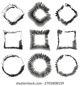 Abstract frame outlines. Explosive ray burst. Grunge texture Vector. Geometric border set.