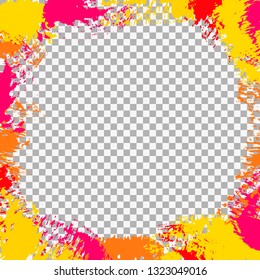 Abstract frame with paint splashes, brush strokes, ink splats, spots, scribbles on a transparent background. Vector colorful grunge texture for cards, wallpaper, posters, adds, banners