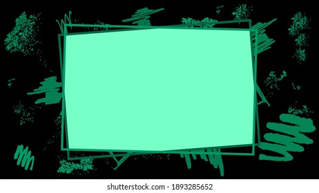 Marco abstracto para la foto y el texto sobre un fondo negro con elementos dibujados a mano verde, espirales, pulverizadores, chispas y salpicaduras. Clipart rectangular para diseño e impresión. Marco geométrico con varios