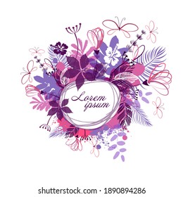 Abstract frame with purple leaves and flowers. Vector illustration