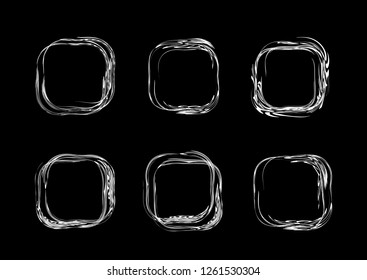 Abstract Frame Set.  Set of Hand drawn square frames. Abstract Grunge frames isolated on black background. Abstract chalk elements. Doodle shapes. Vector Frames.