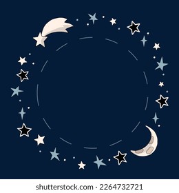 Abstract frame of stars, moon and falling star with copy space in the center. Space vector illustration on dark blue background.