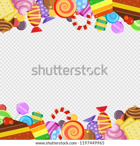 Abstract frame with sweets. Colorful caramel and chocolate candies biscuits and cakes lollipop sweet and juicy vector cartoon border template on transparent background